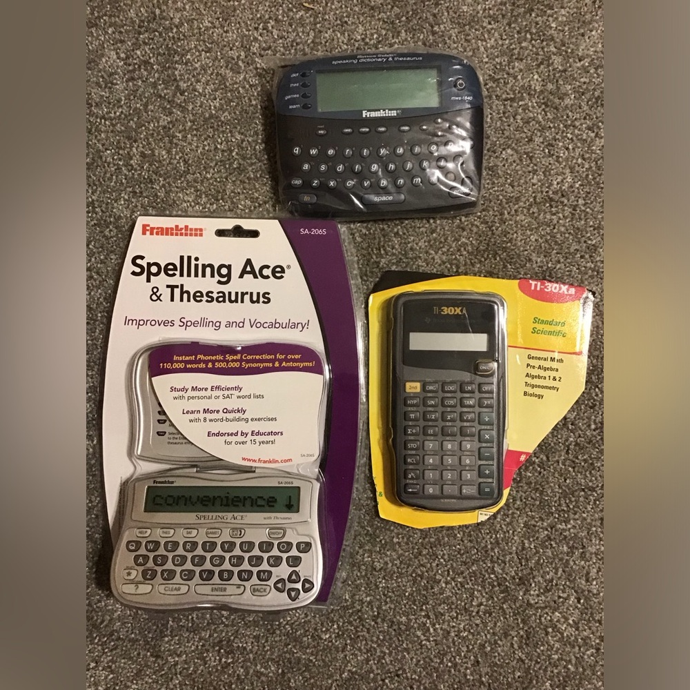 TI-30Xa calculator, Franklin Merriam-Webster speaking Dictionary & Thesaurus